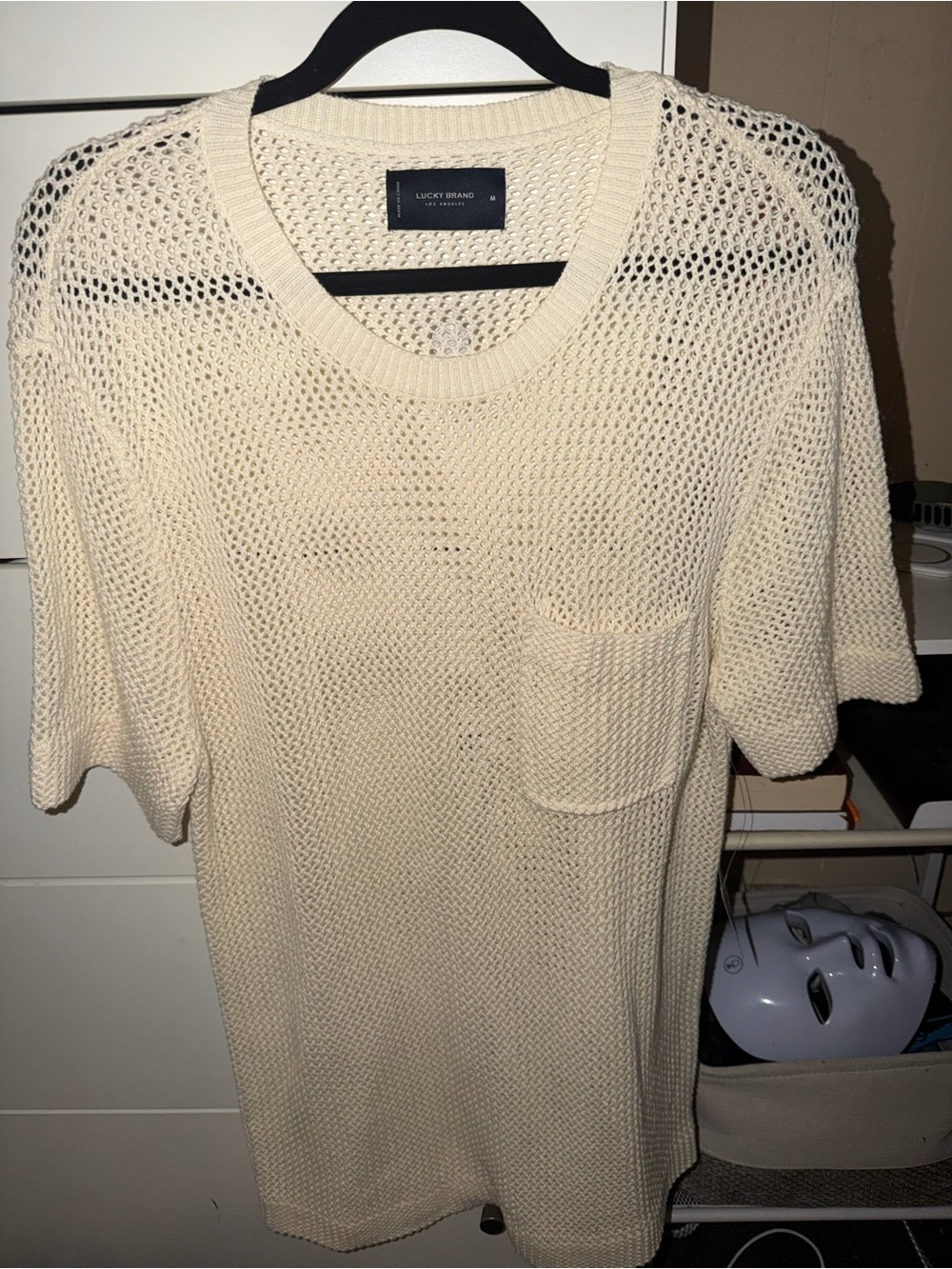 Lucky Brand Cream Open-Weave Short Sleeve Pocket Sweater